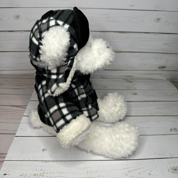 Animal Adventure 15" White Bear Black Plaid Winter Jacket Cap Plush Stuffed Toy - Picture 2 of 9